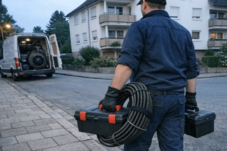Monteur mit Rohrreinigungsmaschine beim Notdienst-Einsatz