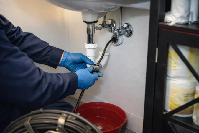 Siphon und Abflussleitung werden unter der Spüle gereinigt
